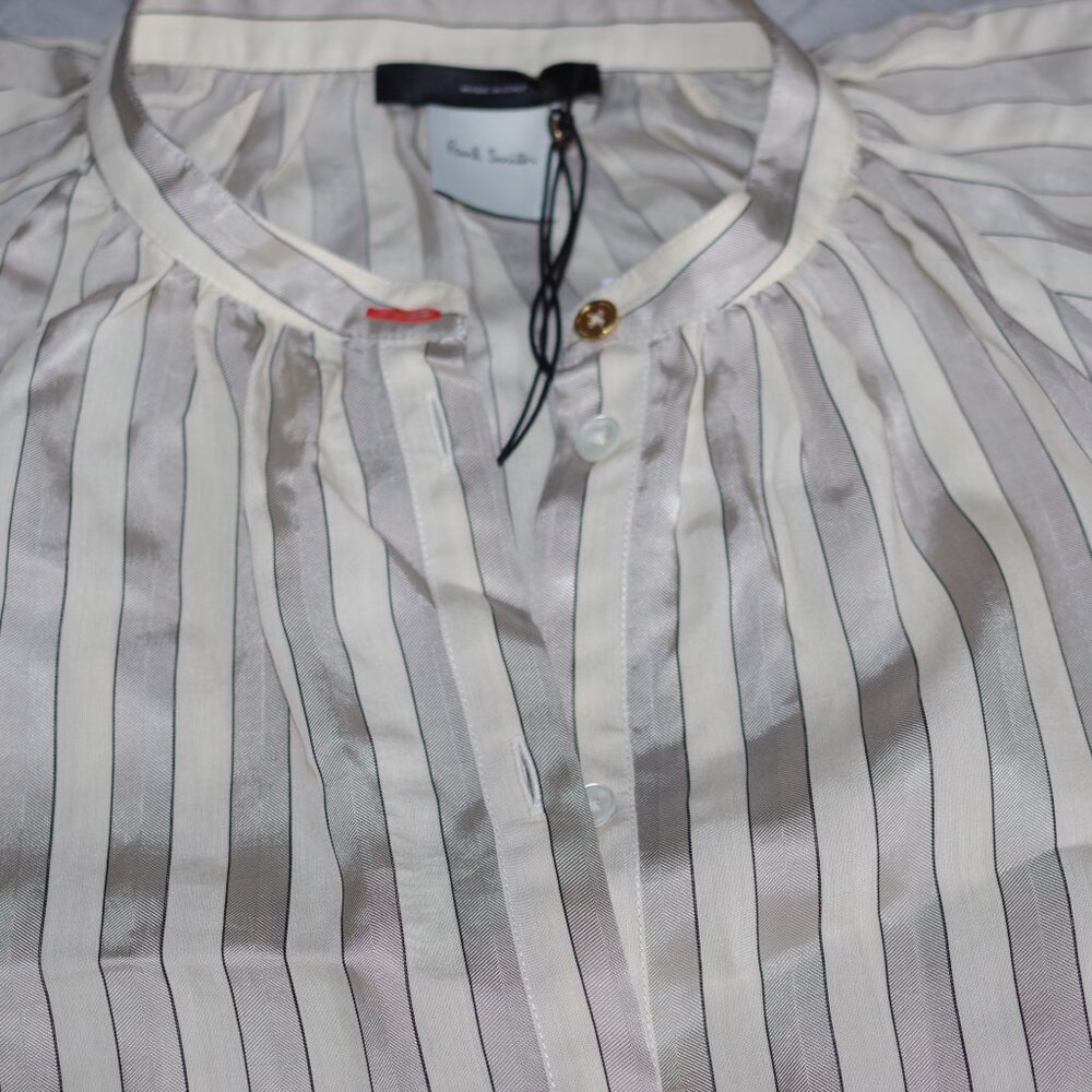 Paul Smith Viscose Silk Cream Gray Striped Short Sleeve  Button Shirt Size:44